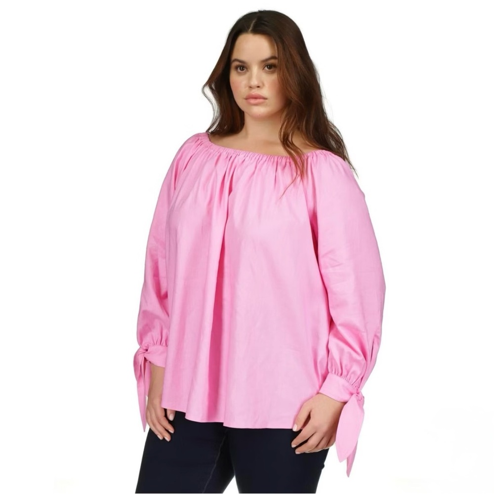 Michael Kors Tie Sleeve Solid Off The Shoulder Linen Blouse Pink Size XL EUC!